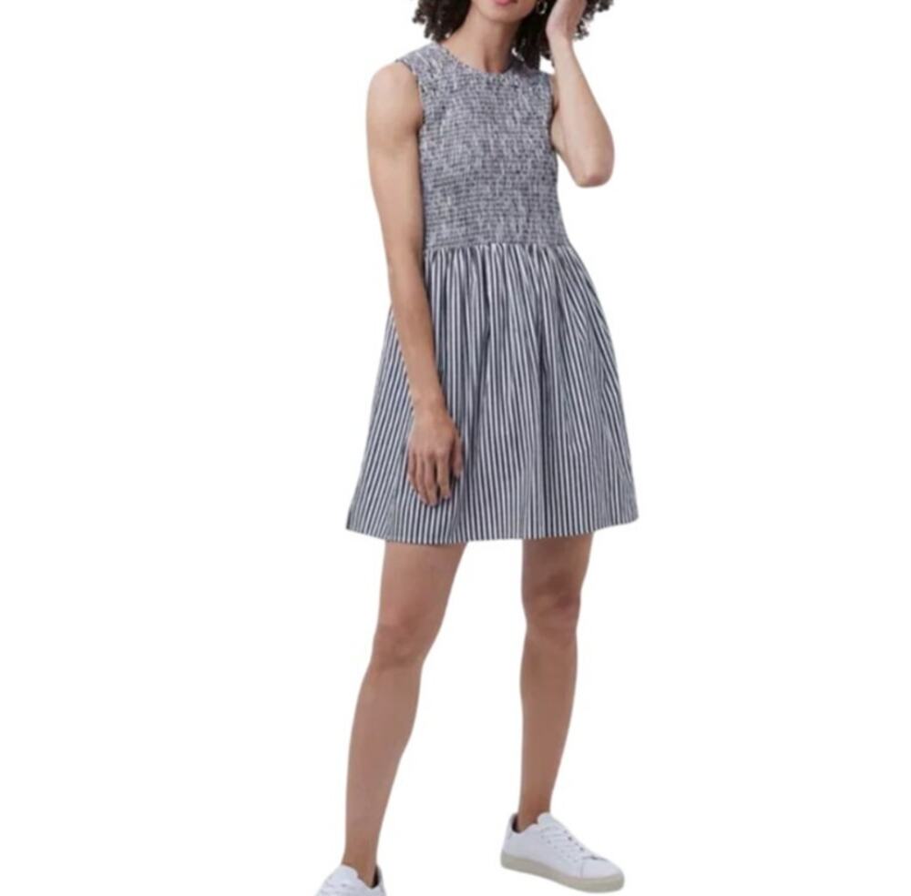 French Connection Gray Above The Knee Serge Stripe Sleeveless Shirring Dress 6